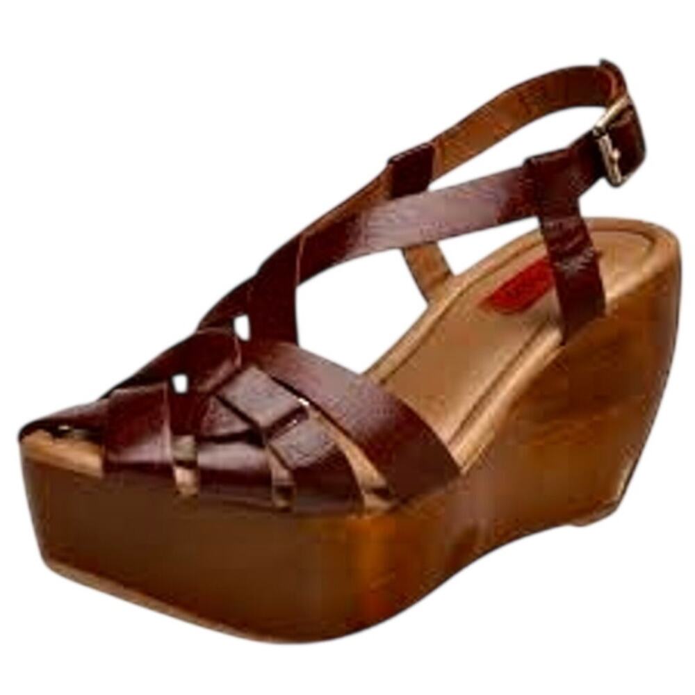 Miz Mooz Gizmo Maroon Leather Strappy Wood Wedge Slingback Sandals Basketweave